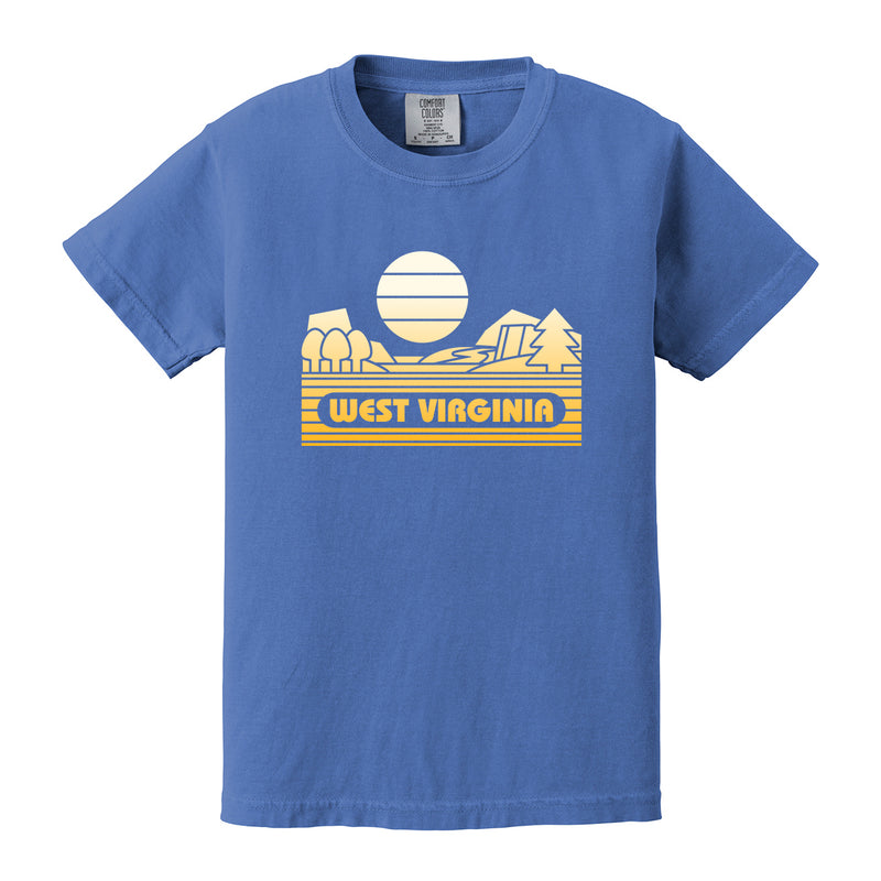 West Virginia Groovy Sunset Youth CC T-Shirt - Flo Blue