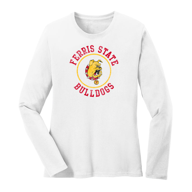 Ferris State Bulldogs Distressed Circle Logo Women's Long Sleeve T Shirt - White