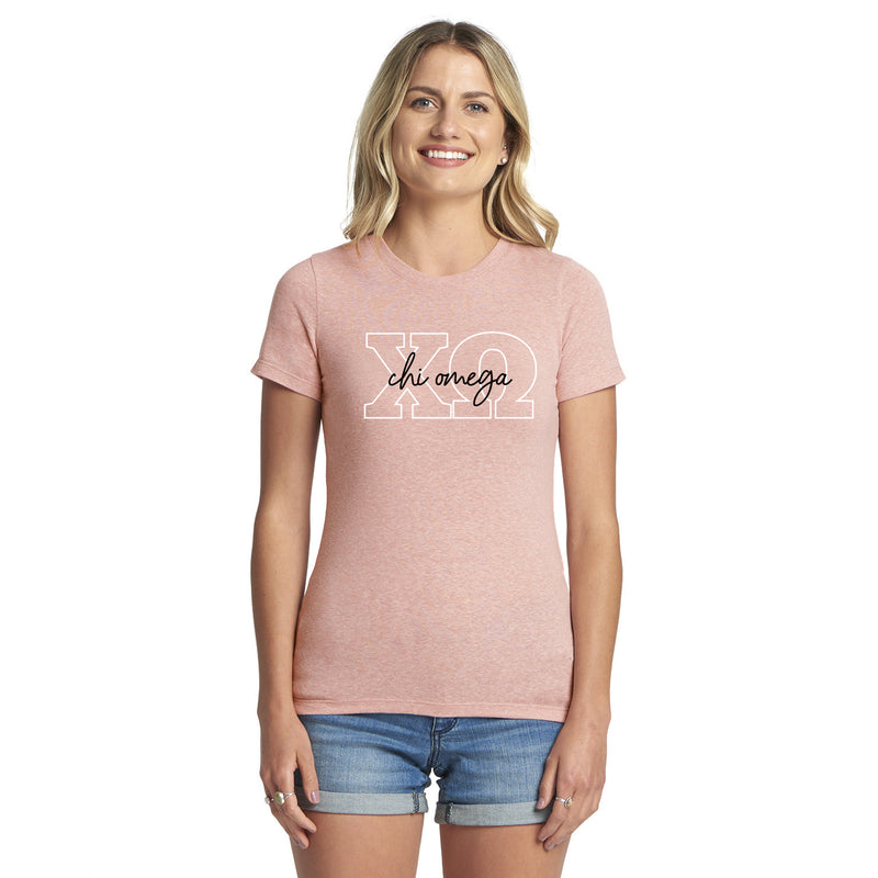 Chi Omega Greek Outline Overlay Womens Triblend T-Shirt - Desert Pink