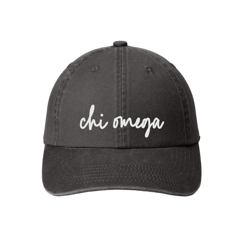 Chi Omega Greek Script Ladies Garment Washed Hat - Black