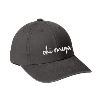 Chi Omega Greek Script Ladies Garment Washed Hat - Black