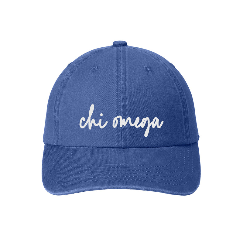 Chi Omega Greek Script Ladies Garment Washed Hat - Faded Blue