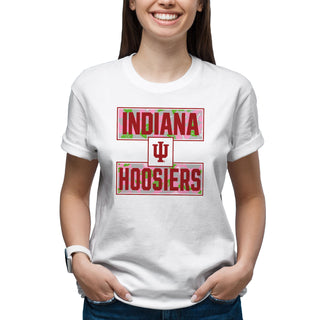 Indiana University Hoosiers Hibiscus Pattern Blocks Basic Cotton Short Sleeve T Shirt - White