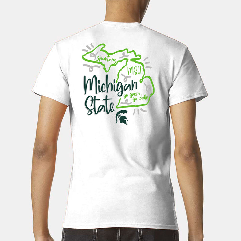 Michigan State University Spartans Playful Sketch Basic Cotton Short Sleeve T Shirt - White