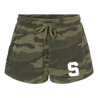 MSU Block S EMB Womens Wave Wash Sweatshorts - Forest Camo