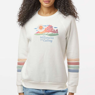 VA Mountains Calling Women's Striped Sleeves Crewneck Sweatshirt - Ivory