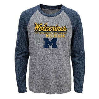 Outerstuff Michigan Elevated Script Youth LS Raglan - Grey/Navy