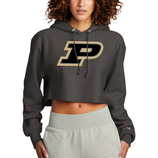 Purdue Tone Motion P Champion Women’s RW Crop Hoodie - Charcoal Heather