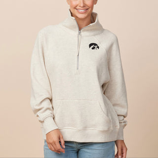 Iowa Primary Logo EMB Ladies Boxy Half Zip Fleece - Oatmeal Heather