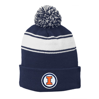 Illinois Circle Logo Patch Pom Pom Beanie - Navy/White