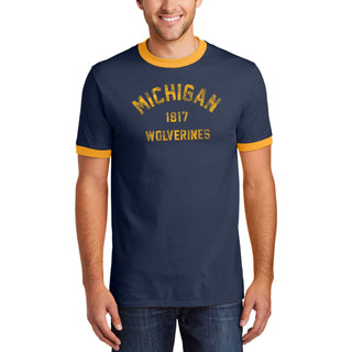 Michigan Vintage Year Arch Ringer T-Shirt - Navy/Gold