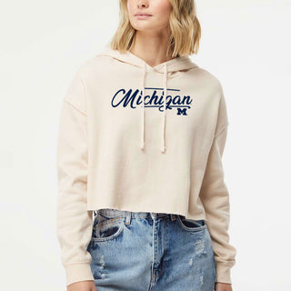 Michigan Fancy Script Women's Lightweight Crop Hoodie - Bone