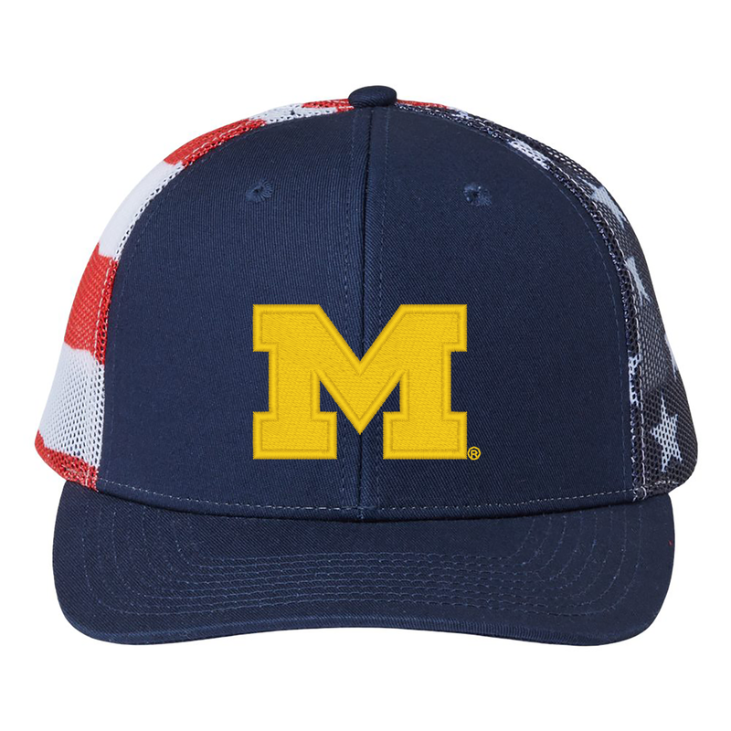 Michigan Block M Printed Mesh Trucker Hat - Navy/USA Flag