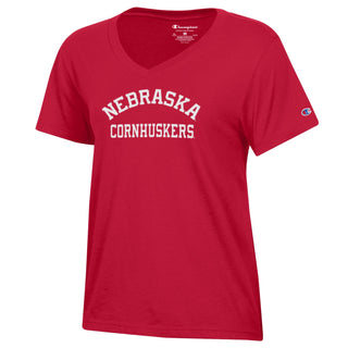 Nebraska Arch Over Cornhuskers Champion Womens V-Neck T-Shirt - Scarlet