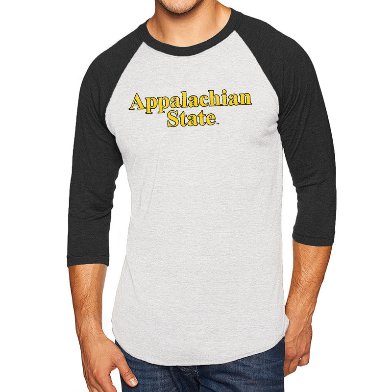 Appalachian State Distressed Wordmark NLA Raglan 3/4 Sleeve T Shirt - Heather White/Vintage Black