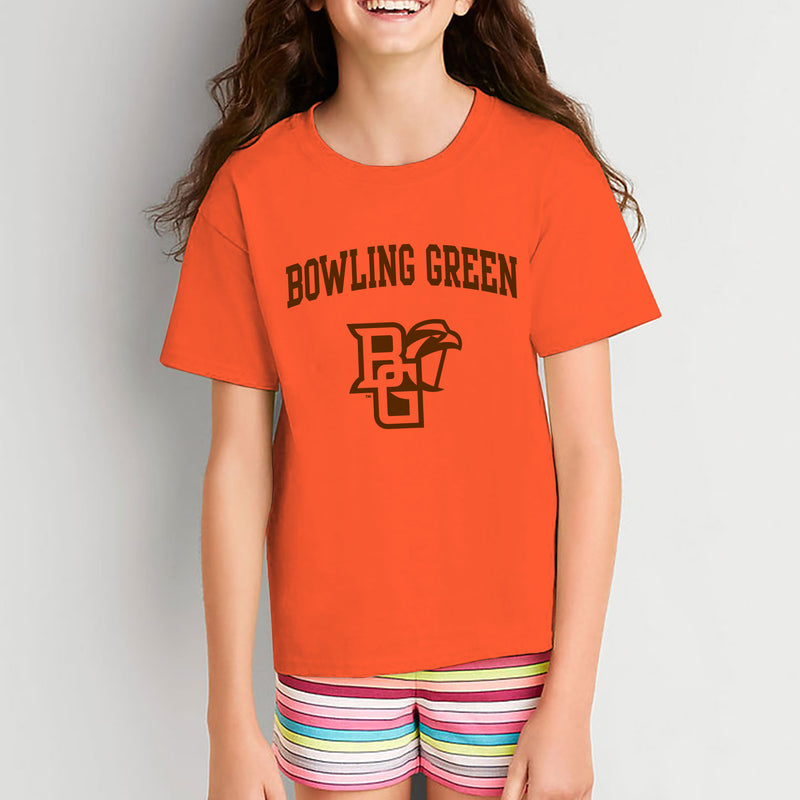 Bowling Green State University Falcons Arch Logo Youth Cotton Short Sleeve T Shirt - Orange