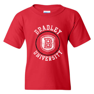 Bradley University Braves Distressed Circle Logo Basic Cotton Short Sleeve Youth T Shirt - Red