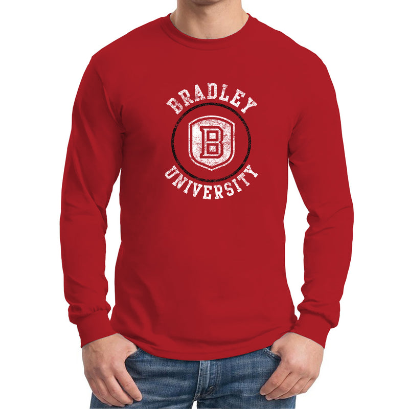 Bradley University Braves Distressed Circle Logo Basic Cotton Long Sleeve T Shirt - Red