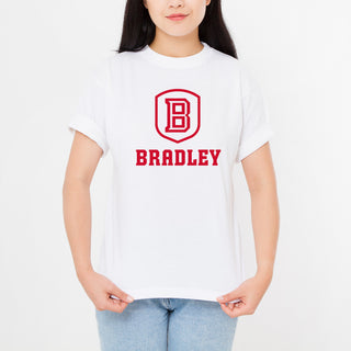 Bradley University Braves Primary Logo Basic Cotton Short Sleeve T Shirt - White