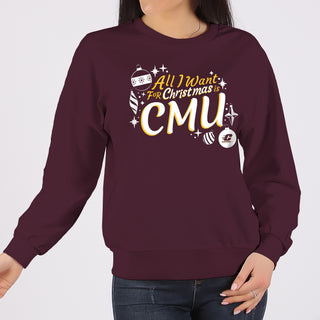 Central Michigan Chippewas All I Want For Christmas Is CMU Crewneck Sweatshirt - Maroon