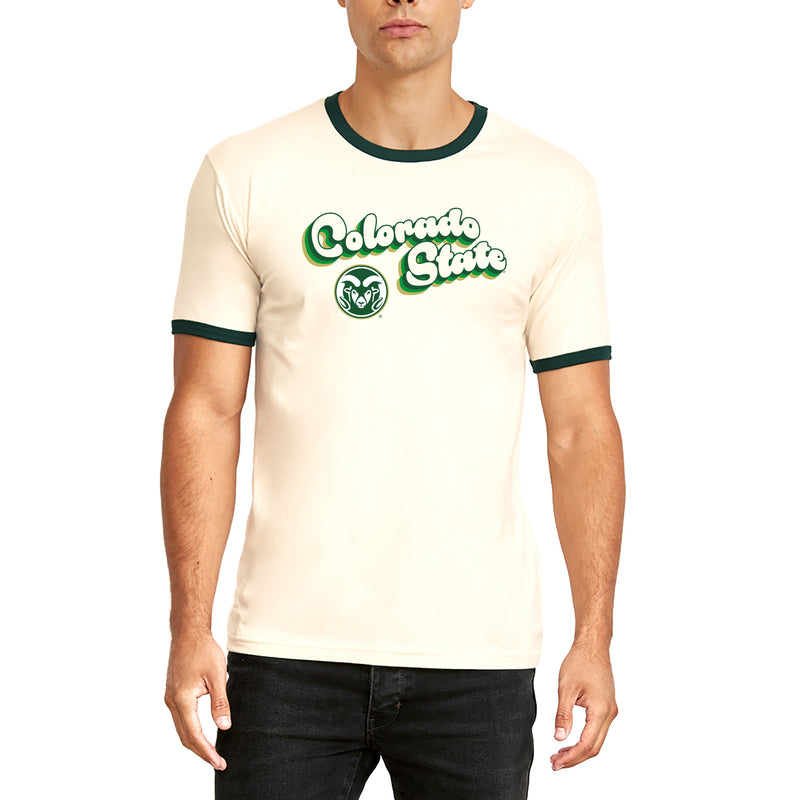 Colorado State University Rams Groovy Script Logo Ringer T Shirt - Natural/Forest