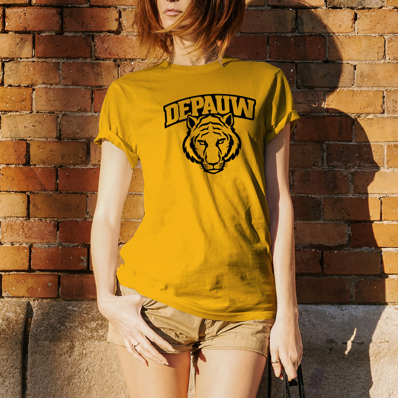 DePauw University Tigers Arch Logo Short Sleeve T Shirt - Gold