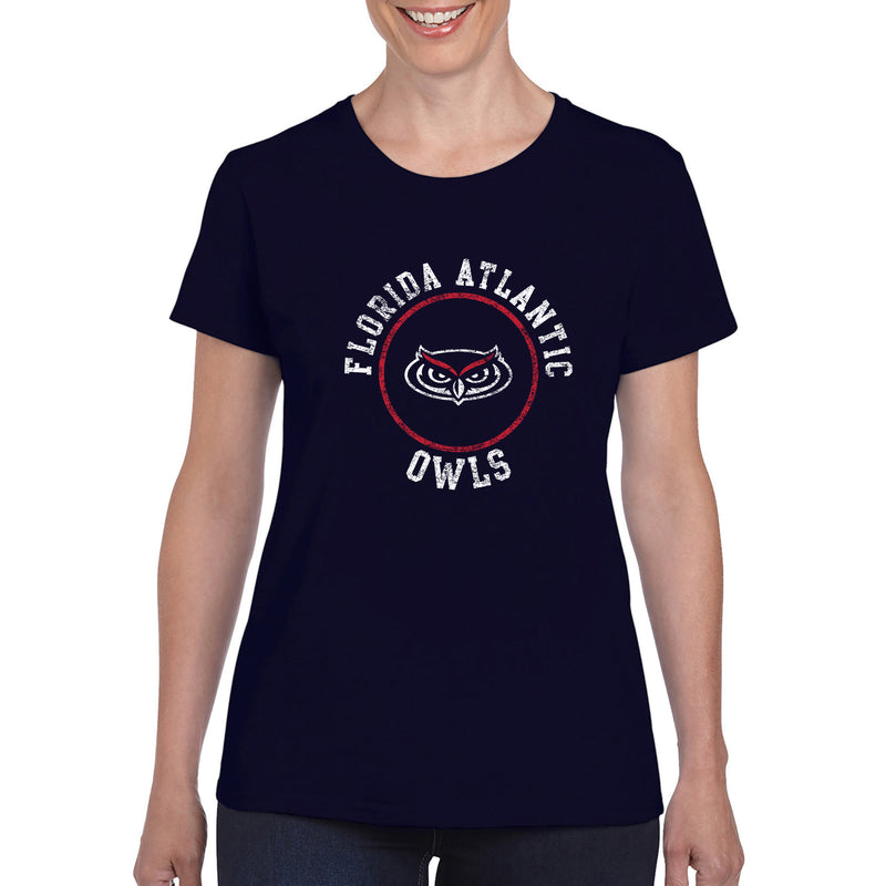 Florida Atlantic University Owls Distressed Circle Logo Women's Short Sleeve T Shirt - Navy