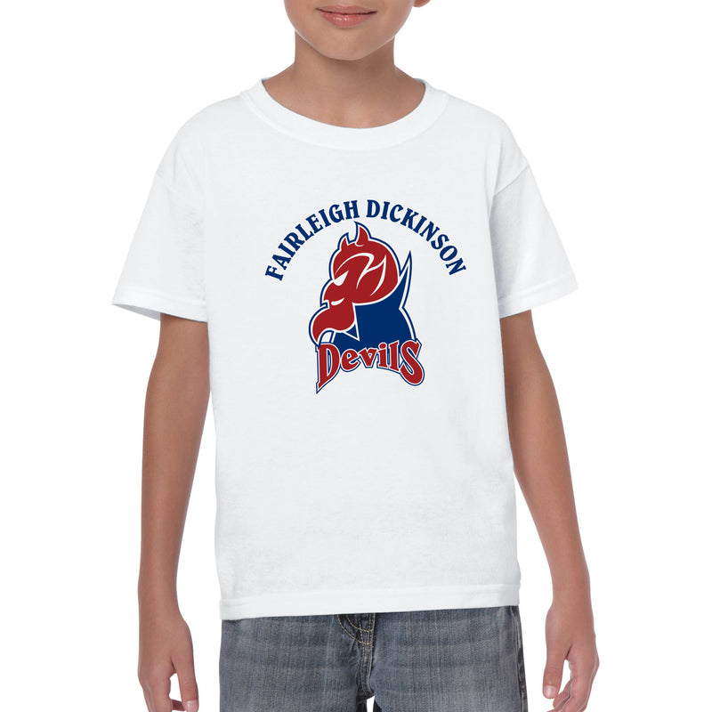 Fairleigh Dickinson University Devils Arch Logo Basic Cotton Youth Short Sleeve T Shirt - White