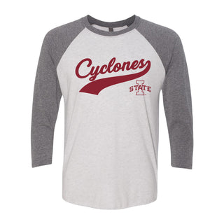 Iowa State University Cyclones Baseball Jersey Script Next Level Raglan - Heather White/Premium Heather