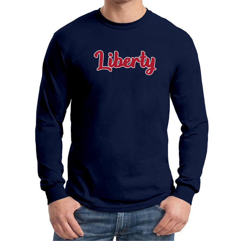 Liberty University Flames Basic Script Cotton Long Sleeve T Shirt - Navy