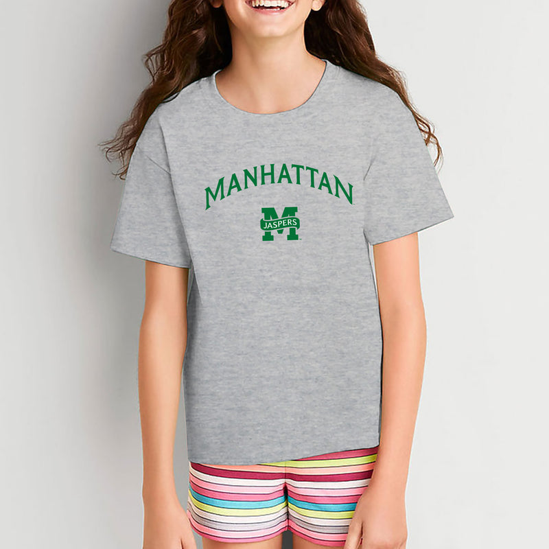 Manhattan College Jaspers Arch Logo Short Sleeve Youth T Shirt - Sport Grey