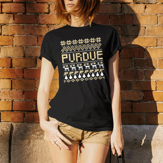 Purdue University Boilermakers Holiday Sweater Short Sleeve T-Shirt - Black