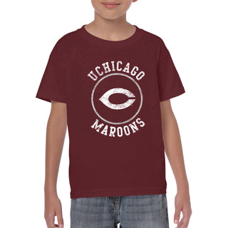 University of Chicago Maroons Distressed Circle Logo Heavy Cotton Short Sleeve Youth T Shirt - Maroon