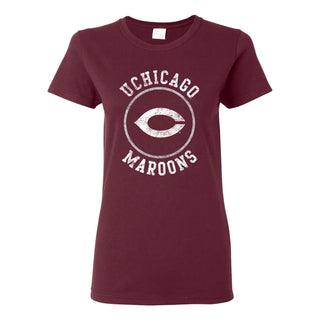 University of Chicago Maroons Distressed Circle Logo Basic Cotton Women's T Shirt - Maroon