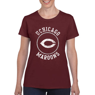 University of Chicago Maroons Distressed Circle Logo Basic Cotton Women's T Shirt - Maroon