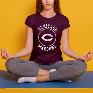 University of Chicago Maroons Distressed Circle Logo Basic Cotton Women's T Shirt - Maroon