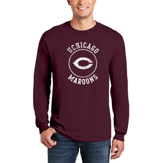 University of Chicago Maroons Distressed Circle Logo Heavy Cotton Long Sleeve T Shirt - Maroon