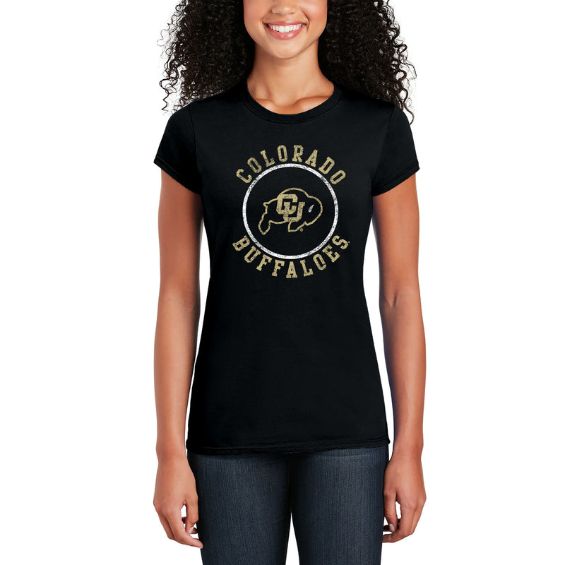 University of Colorado Buffaloes Distressed Circle Logo Women's T Shirt - Black