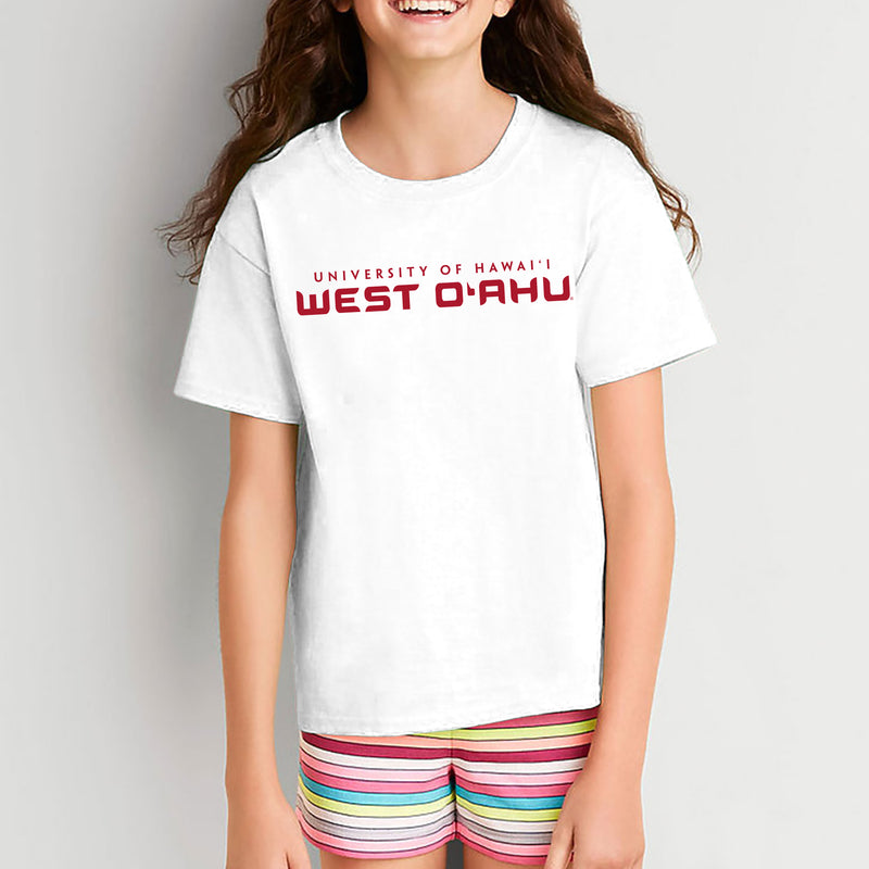 Hawaii West Oahu Pueo Basic Block Youth T Shirt - White