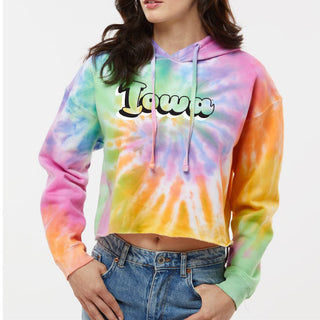 Iowa Retro Bubble Script Tie-Dye Crop Hooded Sweatshirt - Eternity