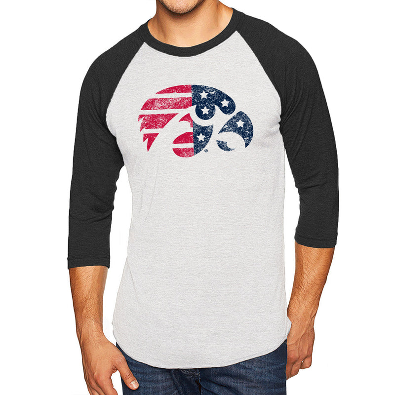 Iowa Hawkeyes Distressed Patriotic Tigerhawk 3/4-Sleeve Raglan -Htr White/Vtg Black