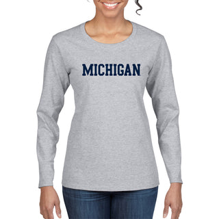 Basic Block University of Michigan Womens Basic Cotton Long Sleeve T Shirt - Sport Grey