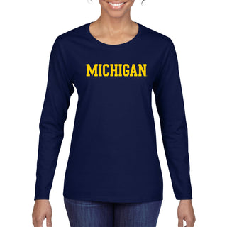 Basic Block University of Michigan Womens Basic Cotton Long Sleeve T Shirt - Navy