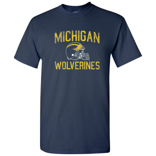 University of Michigan Wolverines Faded Football Helmet Basic Cotton Short Sleeve T Shirt - Navy