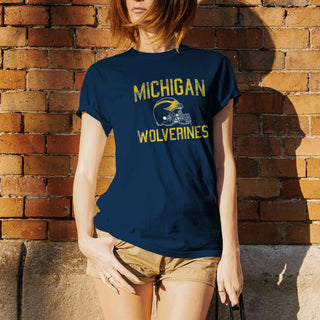 University of Michigan Wolverines Faded Football Helmet Basic Cotton Short Sleeve T Shirt - Navy