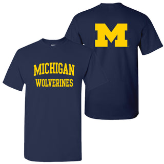 Front Back Print University of Michigan Basic Cotton Short Sleeve T Shirt - Navy