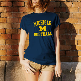 Arch Logo Softball University of Michigan Basic Cotton Short Sleeve T Shirt - Navy