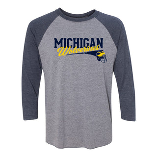 Varsity Script Helmet University of Michigan Next Level Triblend Baseball Raglan T Shirt - Premium Heather / Vintage Navy