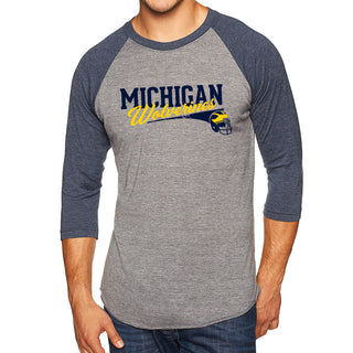 Varsity Script Helmet University of Michigan Next Level Triblend Baseball Raglan T Shirt - Premium Heather / Vintage Navy