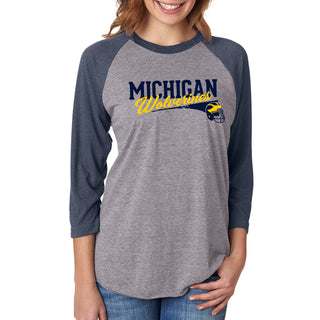 Varsity Script Helmet University of Michigan Next Level Triblend Baseball Raglan T Shirt - Premium Heather / Vintage Navy